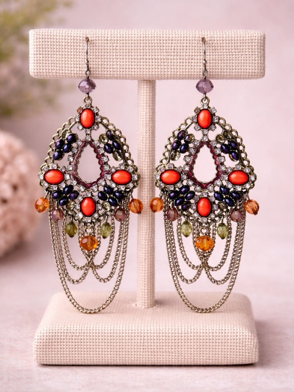 Bohemian Multicolor Dangle Earrings with Orange Accents